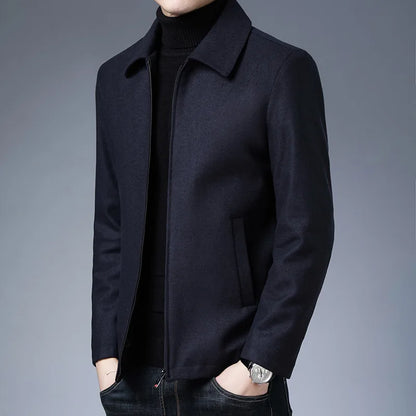 Navy Blue Autumn Lapel Collar Zip Jacket