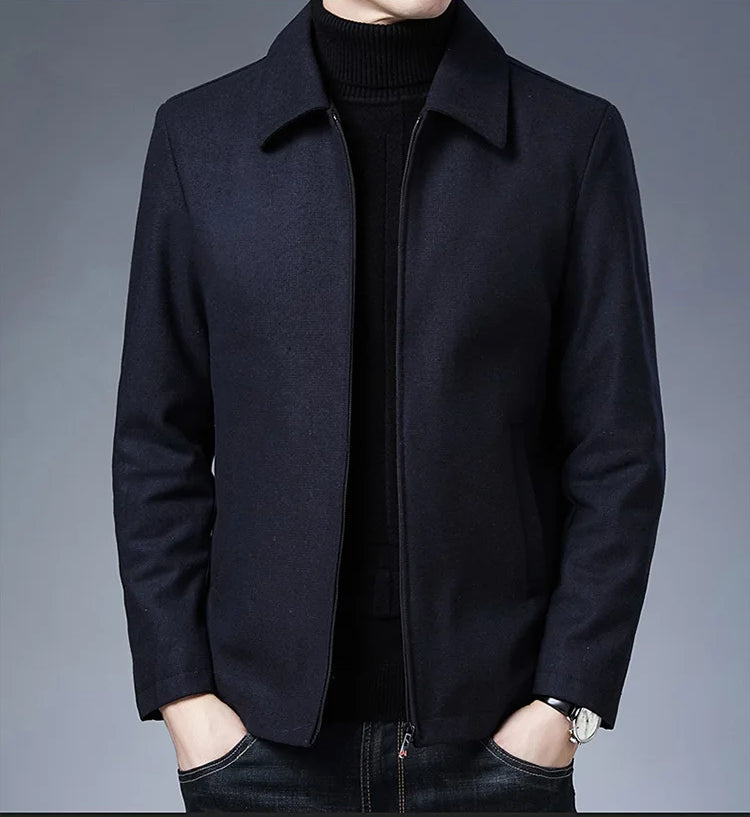 Navy Blue Autumn Lapel Collar Zip Jacket